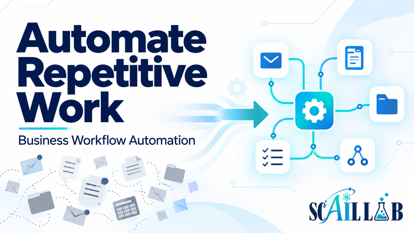 Business workflow automation connecting email, documents, folders, and reporting